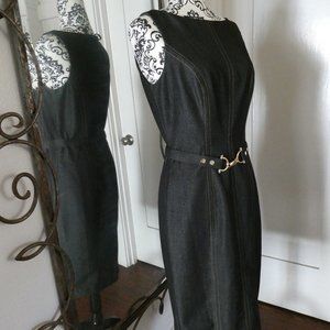 Cache Contour Black Denim Fitted Belted Dress